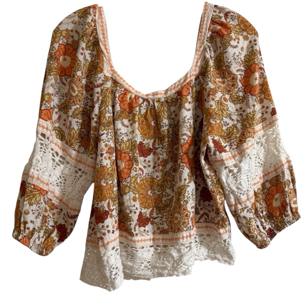 Rachel Zoe Cream and Rust Floral Square-Neck Peasant Top - Picture 4 of 8